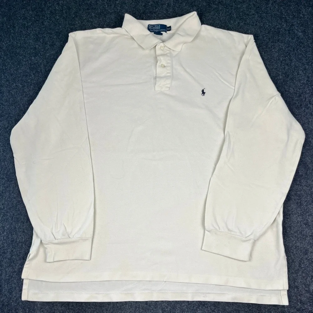 Polo Ralph Lauren Mens XXL Long Sleeve Polo Shirt Cream White Pique Cotton Pony